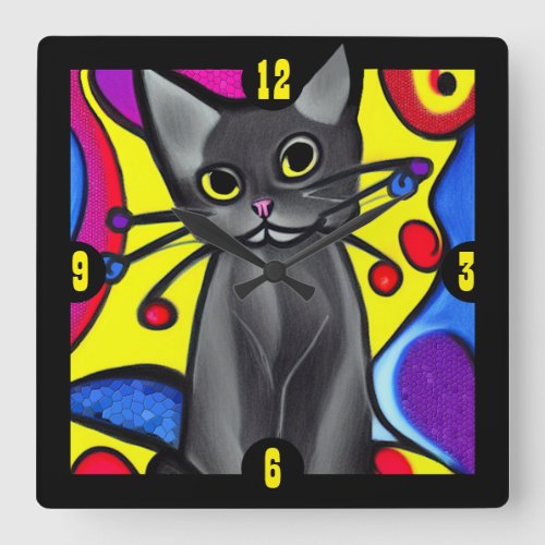 Black Pop Art Cat Square Wall Clock