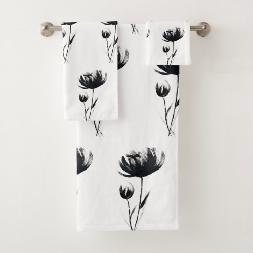 Black Poppies Abstract Flowers Floral Garden  Bath Towel Set