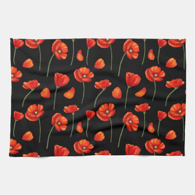 black poppy pattern kitchen towel (Horizontal)