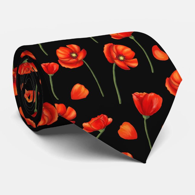 black poppy pattern neck tie (Rolled)