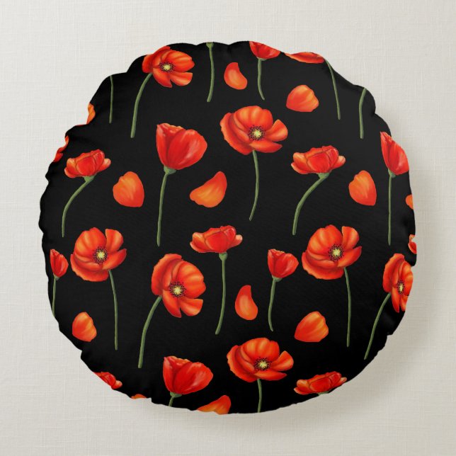 black poppy pattern round pillow (Front)