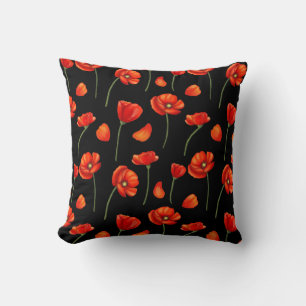 black poppy pattern throw pillow