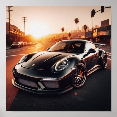 Black Porsche Sunset poster