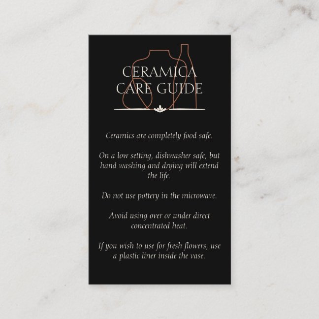 Black Pottery Clay Ceramic Care Instructions Business Card
