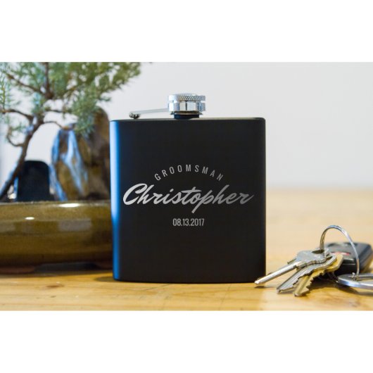 Black Powder Coated Flask - Groomsmen Gift (Front)