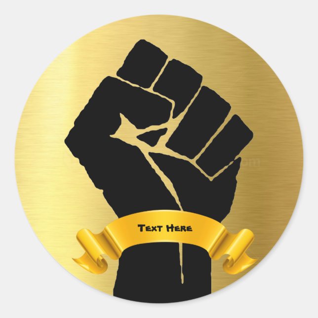 Black Power Fist & Gold Design Add-Your-Text Classic Round Sticker (Front)