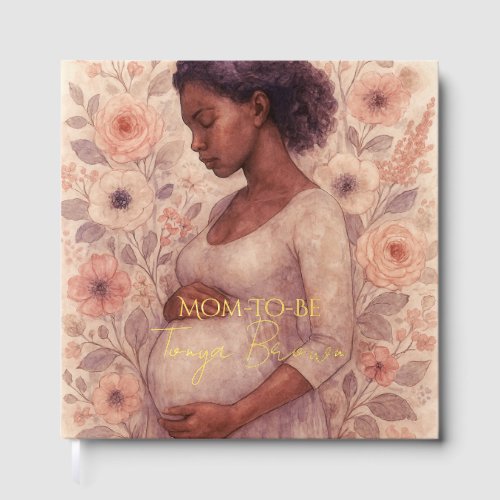 Black Pregnant Woman, Watercolor Baby Shower Foil Guest Book