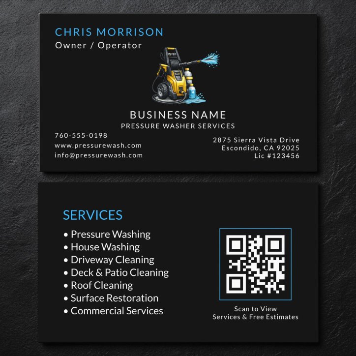 Black Pressure Washer Services QR Code Business Card