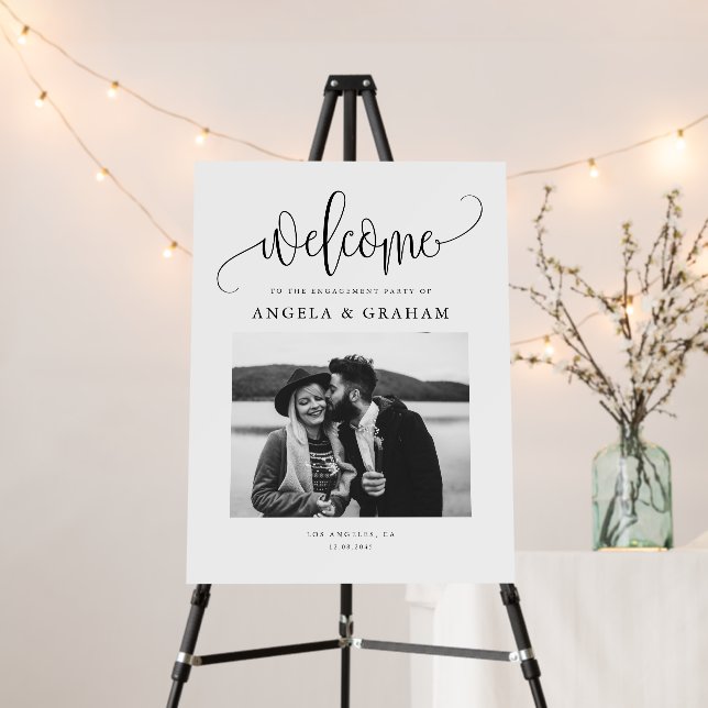 Black Pretty Calligraphy Photo Engagement Party Foam Board (In Situ (Stand))