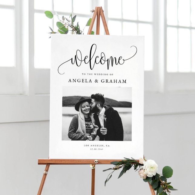 Black Pretty Calligraphy Wedding Photo Design Poster (Elegant photo wedding entrance welcome sign with black calligraphy and minimalist script.)