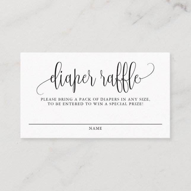 Black Pretty Script Baby Shower Diaper Raffle Card (Front)