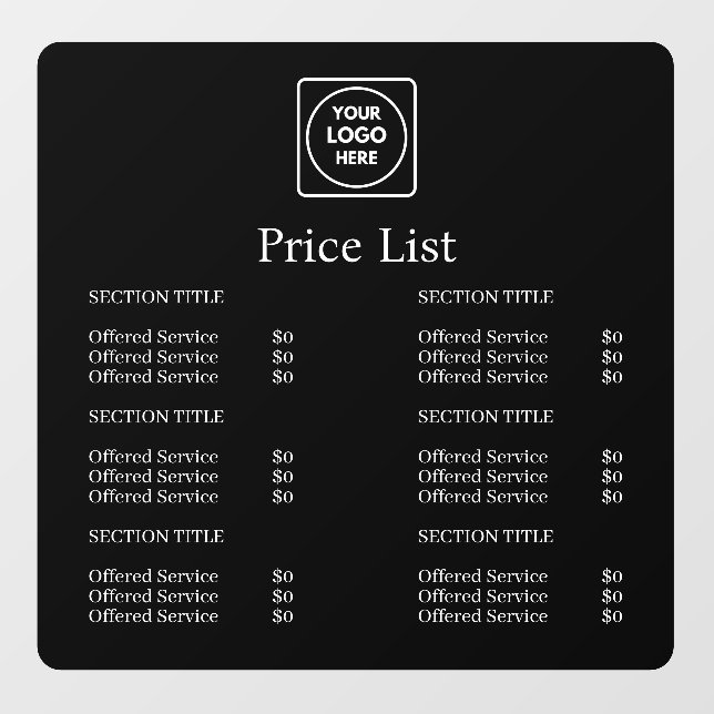 Black Price List | Custom Business Logo Window Cling (Sheet)