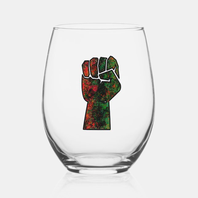 black pride red green fist pan African flag unity  Stemless Wine Glass (Front)