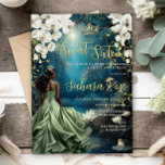 Black Princess and Frog Enchanted Forest Sweet 16 Invitation<br><div class="desc">Personalize this enchanting Sweet 16 birthday invitation easily and quickly. Simply click the Edit Using Design Tools button to further edit the text, change font styles and font colors. Featuring a black girl dressed in a sage green dress, a frog prince, beautiful trailing white floral and an enchanted forest and...</div>