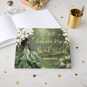 Black Princess and Frog Sage Green Dress Sweet 16 Foil Guest Book