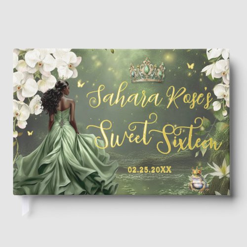 Black Princess and Frog Sage Green Dress Sweet 16  Foil Guest Book