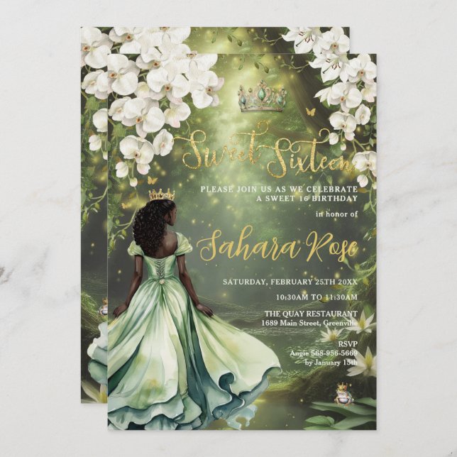 Black Princess and Frog Sage Green Dress Sweet 16 Invitation (Front/Back)