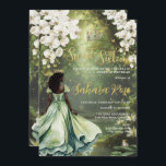 Black Princess and Frog Sage Green Dress Sweet 16 Invitation<br><div class="desc">Personalize this enchanting Sweet 16 birthday invitation easily and quickly. Simply click the Edit Using Design Tools button to further edit the text, change font styles and font colors. Featuring a black girl dressed in a sage green dress, a frog prince, beautiful trailing white floral and an enchanted forest and...</div>