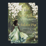 Black Princess and Frog Sage Green Dress Sweet 16 Invitation<br><div class="desc">Personalize this enchanting Sweet 16 birthday invitation easily and quickly. Simply click the Edit Using Design Tools button to further edit the text, change font styles and font colors. Featuring a black girl dressed in a sage green dress, a frog prince, beautiful trailing white floral and an enchanted forest and...</div>