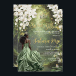 Black Princess and Frog Sage Green Dress Sweet 16 Invitation<br><div class="desc">Personalize this enchanting Sweet 16 birthday invitation easily and quickly. Simply click the Edit Using Design Tools button to further edit the text, change font styles and font colors. Featuring a black girl dressed in a sage green dress, a frog prince, beautiful trailing white floral and an enchanted forest and...</div>