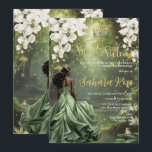 Black Princess and Frog Sage Green Dress Sweet 16 Invitation<br><div class="desc">Personalize this enchanting Sweet 16 birthday invitation easily and quickly. Simply click the Edit Using Design Tools button to further edit the text, change font styles and font colors. Featuring a black girl dressed in a sage green dress, a frog prince, beautiful trailing white floral and an enchanted forest and...</div>