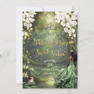 Black Princess and Frog Sage Green Dress Sweet 16 Save The Date