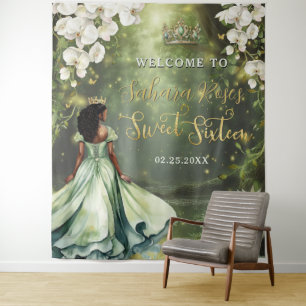 Black Princess and Frog Sage Green Dress Sweet 16 Tapestry