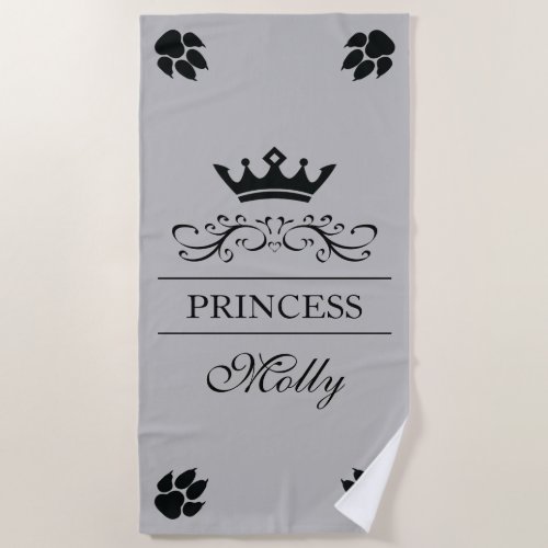 Black Princess Crown And Dog Paws With Custom Name Beach Towel