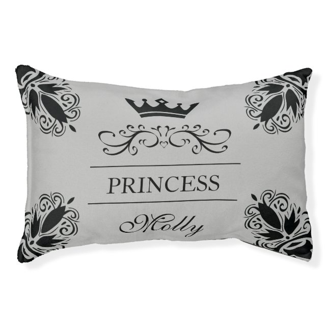 Black Princess Crown On Grey With Pet's Own Name Pet Bed (Front)