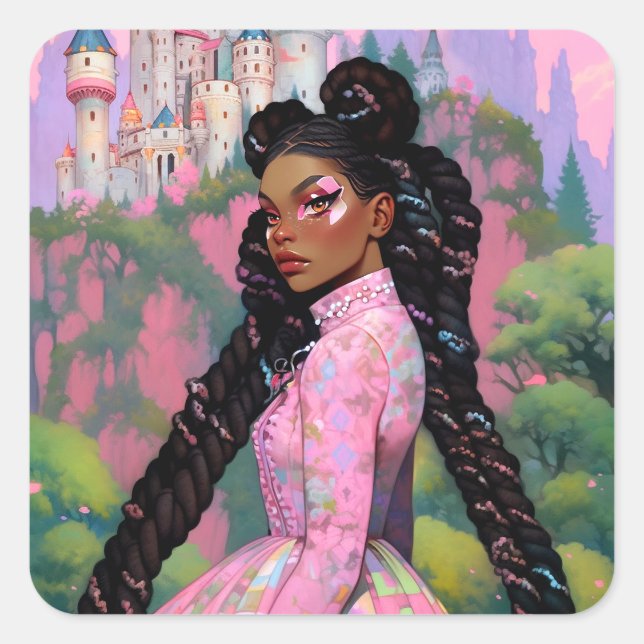 Black Princess Fantasy Art Square Sticker (Front)
