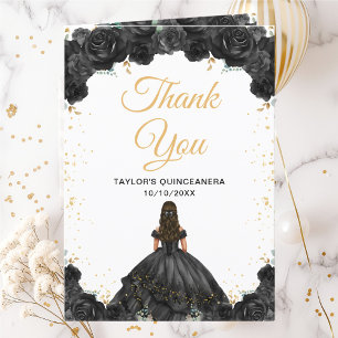 Black Princess Floral Quinceañera Letterpress Thank You Card