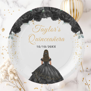 Black Princess Floral Quinceañera Paper Plates
