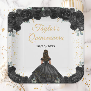 Black Princess Floral Quinceañera Paper Plates