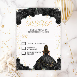 Black Princess Floral Quinceañera RSVP Card