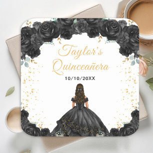 Black Princess Floral Quinceañera Square Paper Coaster