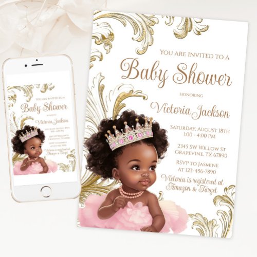 Black Princess Pink Gold Baby Shower Invitation