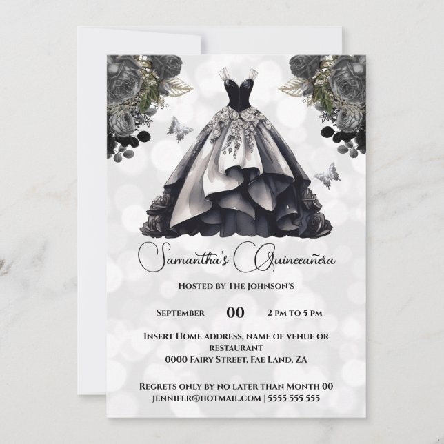 Black princess Quinceañera fantasy ballgown roses Invitation (Front)