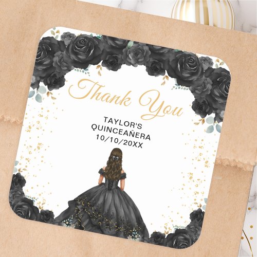 Black Princess Quinceaera Thank You Square Sticker