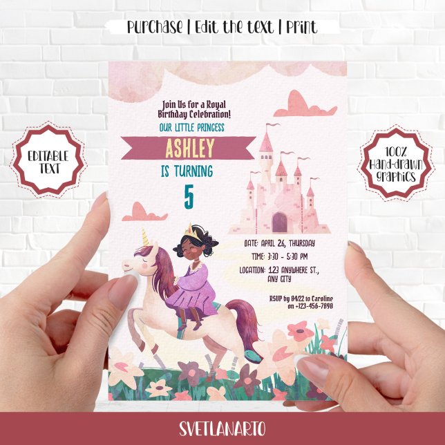 Black Princess Riding Unicorn Party Invitation  (Creator Uploaded)