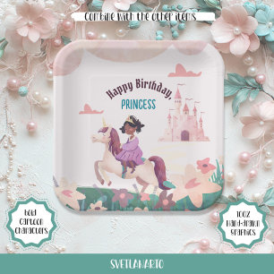 Black Princess Riding Unicorn Square Paper Plate
