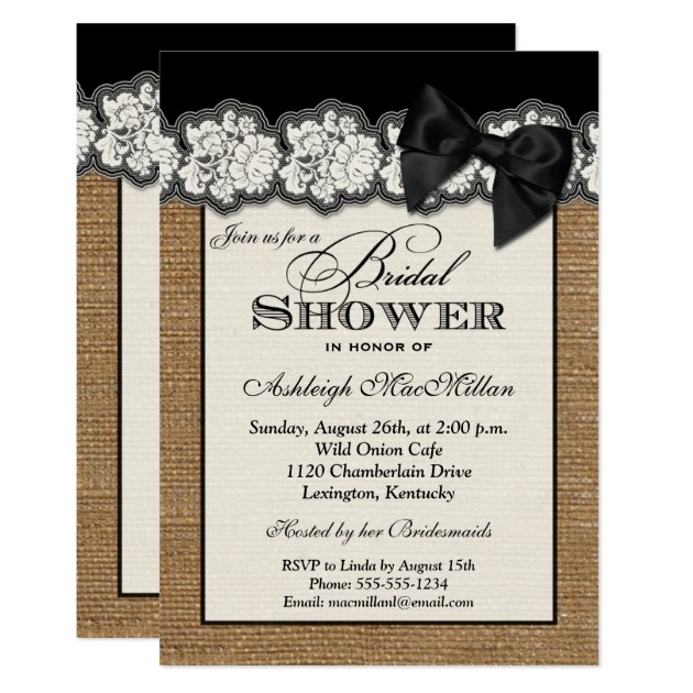 Black PRINTED BOW Burlap Lace Bridal Shower Invite