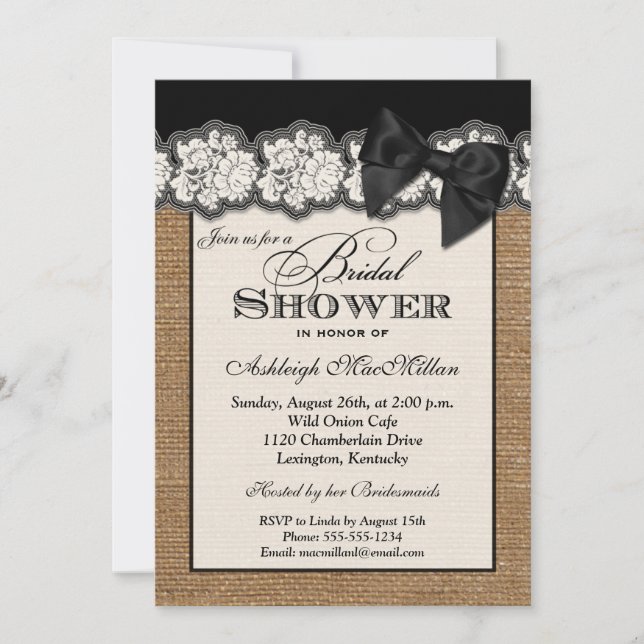 Black PRINTED BOW Burlap Lace Bridal Shower Invite (Front)
