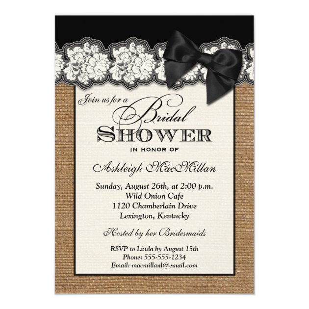 Black PRINTED BOW Burlap Lace Bridal Shower Invite