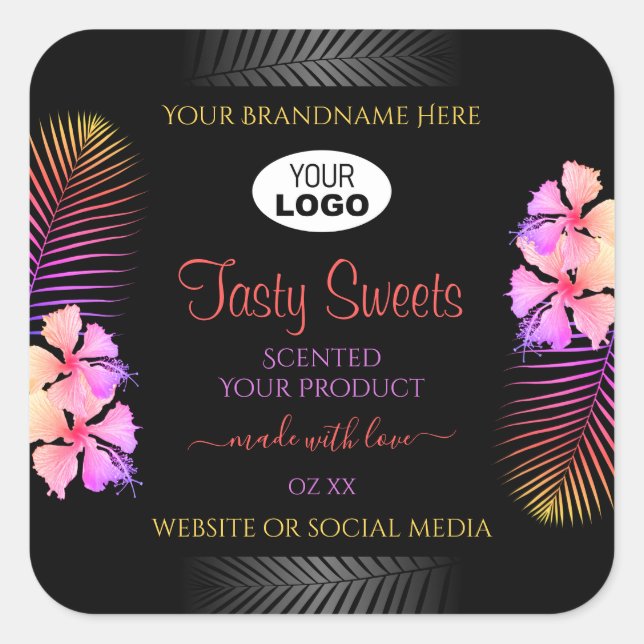 Black Product Label Colorful Hawaiian Flowers Logo (Front)