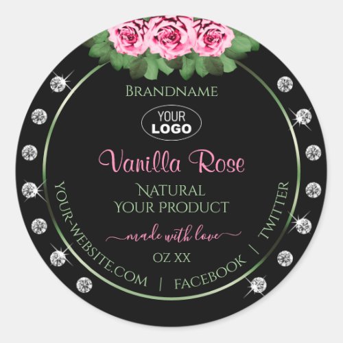 Black Product Label Green Pink Roses Diamonds Logo