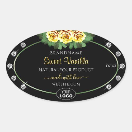 Black Product Label Green Yellow Roses Jewels Logo