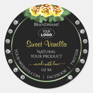 Black Product Label Green Yellow Roses Jewels Logo