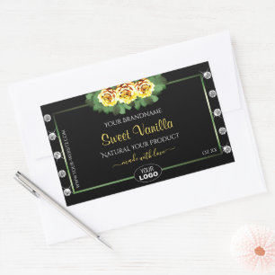 Black Product Label Green Yellow Roses Jewels Logo