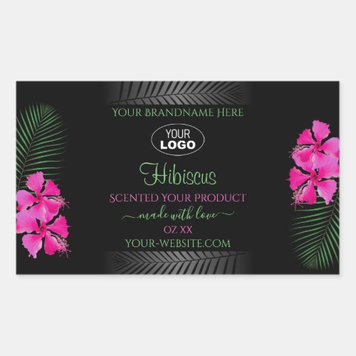 Black Product Label Pink Flowers Green Leaves Logo
