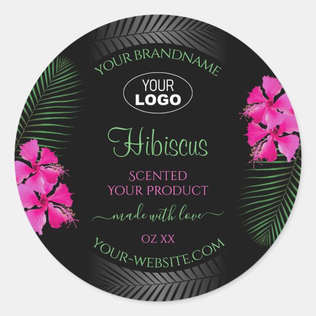 Black Product Label Pink Flowers Green Leaves Logo (Front)